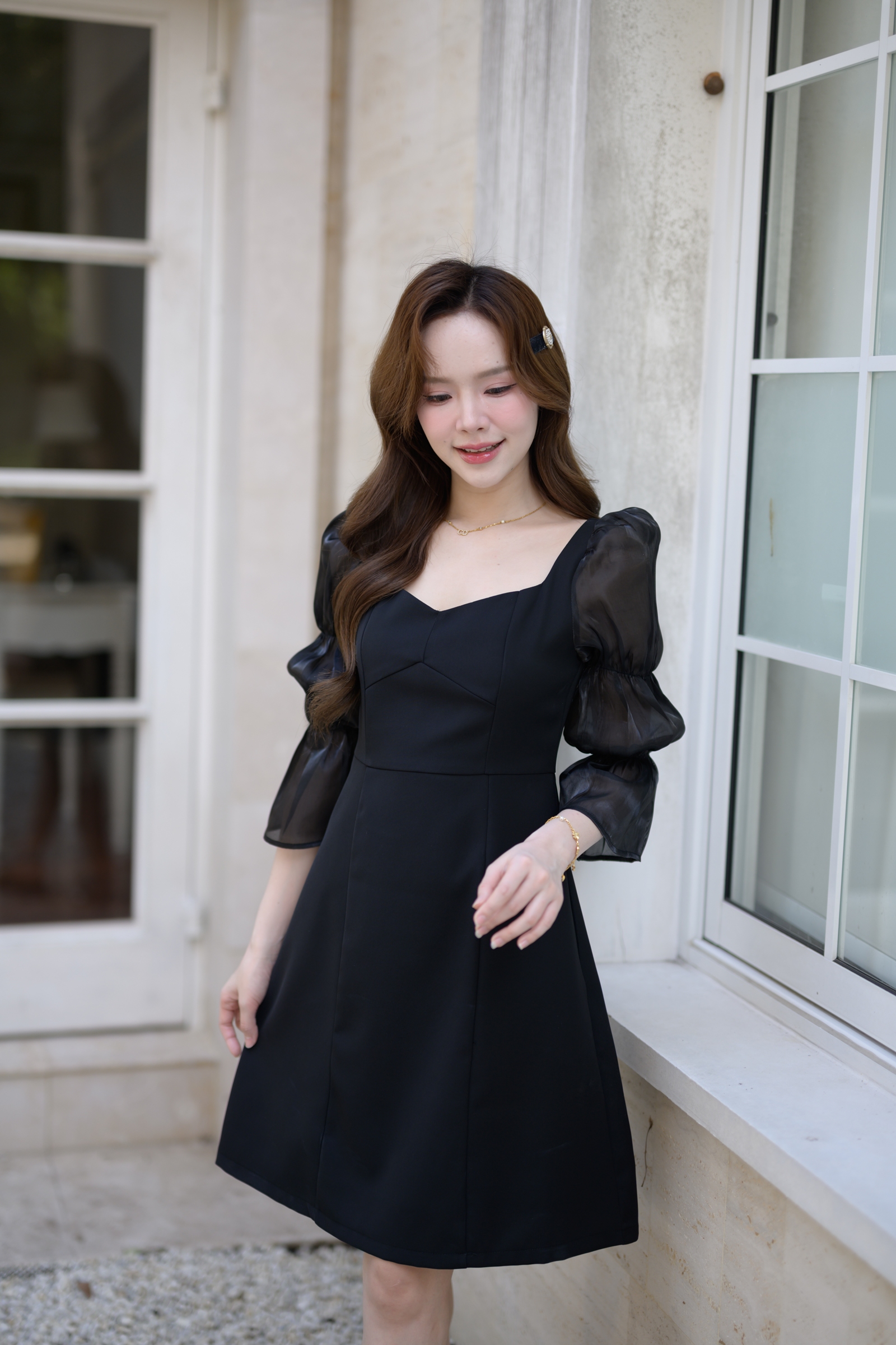 Evie Organza Puff Dress เดรสแขนพัฟ: สีดำ [Made by Pastel Time]