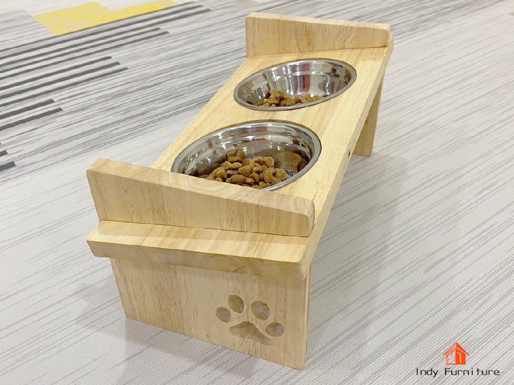 ชุดถ้วยอาหารแมว ไม้ยางพารา รุ่น Cat-01 สีธรรมชาติ