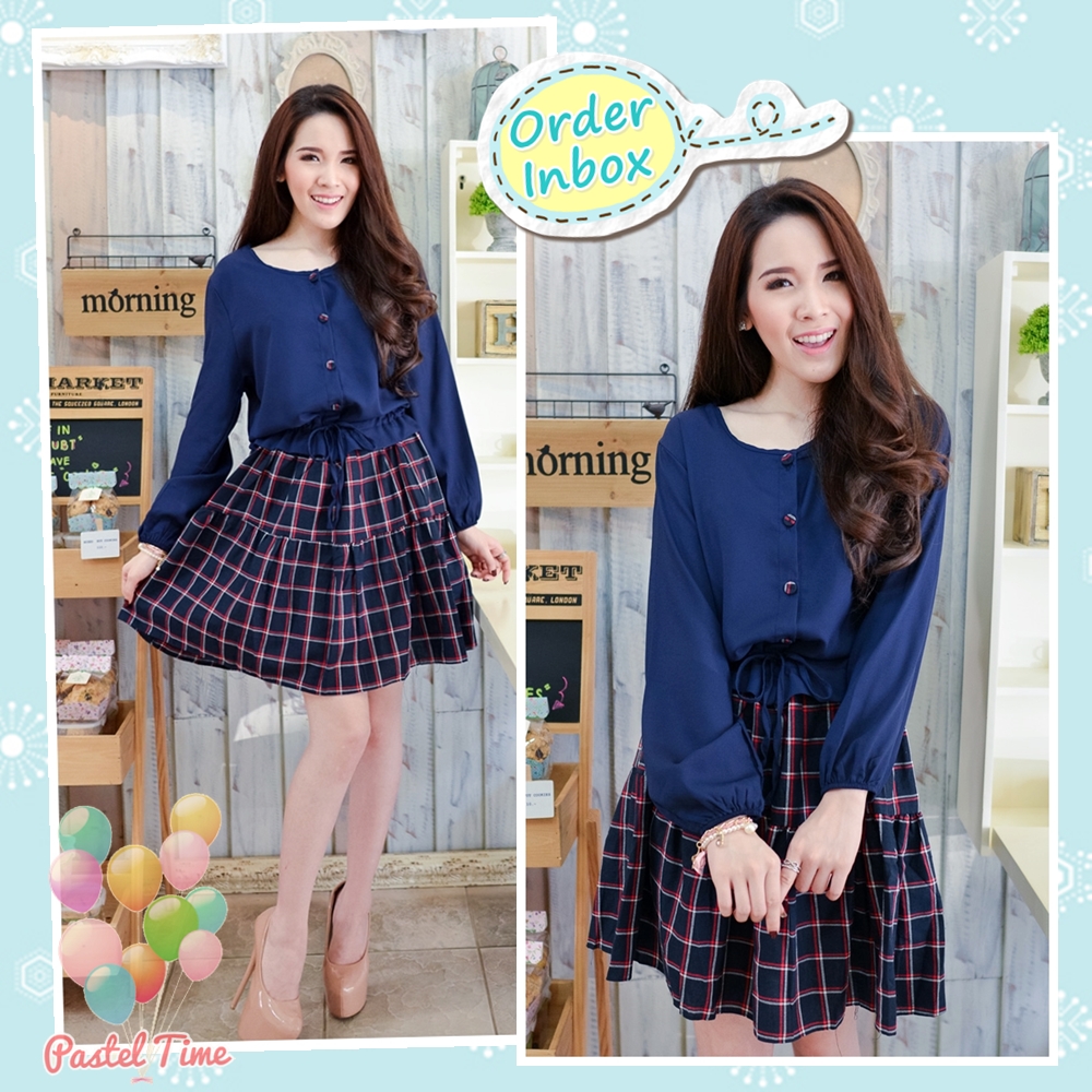 Preppy Girl Checked Dress – Navy (สีกรม)