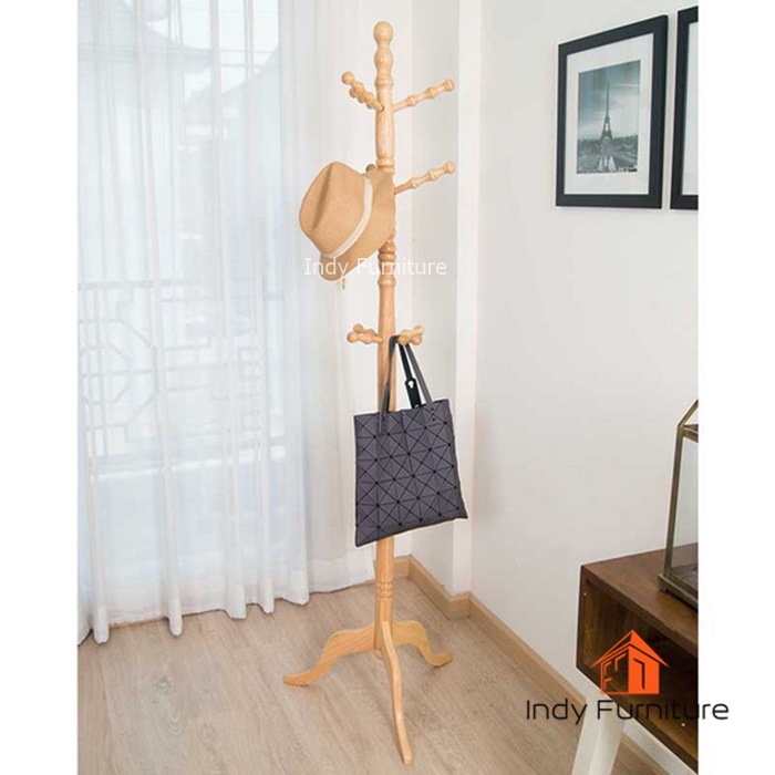 ราวไม้ยางพารา รุ่น lathe (รุ่นใหม่ เสากลมหนา 50 mm.) แขวนสูท แขวนหมวก และอเนกประสงค์ สีธรรมชาติ