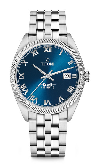 TITONI Automatic COSMO รุ่น 878S-958 (หน้าปัดสีน้ำเงิน ขอบคลื่นน้ำ สายสแตนเลส) ประกันศูนย์ไทย