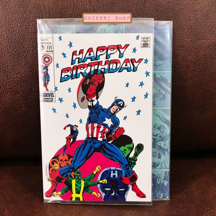 การ์ดอวยพรวันเกิด Happy Birthday ลาย Captain America ของแท้จาก Marvel Comics ญี่ปุ่น ขนาดการ์ด 9 x 13.5 ซม. / ซอง 10.5 x 14.5 ซม.