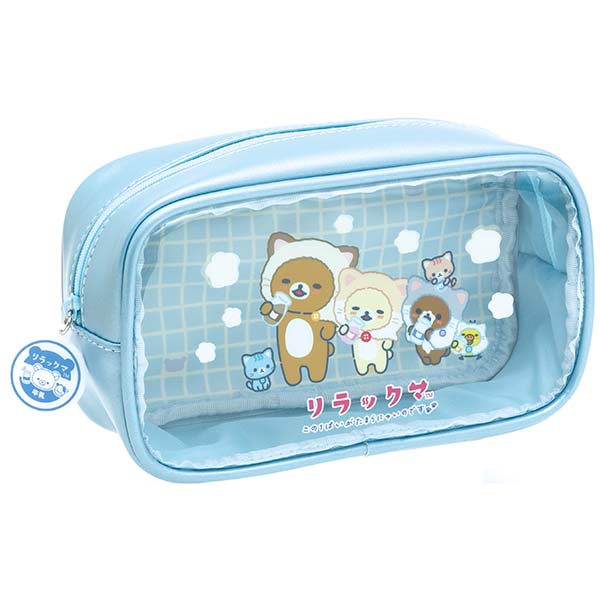 กระเป๋า Rilakkuma Neko Neko no Yu Pen Pouch สีฟ้า ด้านหน้าเป็นแบบใส ใส่เครื่องเขียนได้ ขนาด 11 x 19 x 6 ซม.