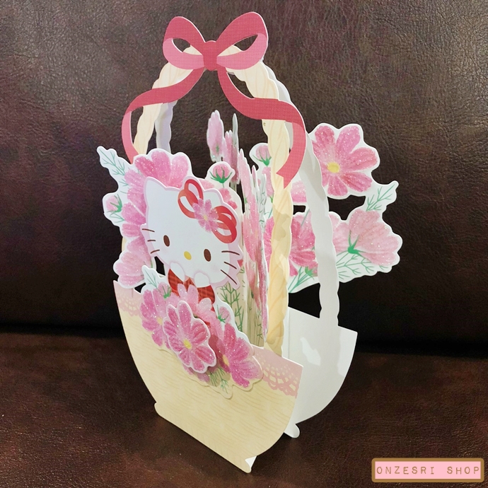 Sanrio Pop up Card ลาย Hello Kitty Flower Basket กางออกมาจะเป็นตะกร้าดอกไม้ Hello Kitty น่ารักมาก เขียนด้านหลังได้ มาพร้อมซอง ขนาดก่อนกาง 17.4 x 12 x 6 ซม.