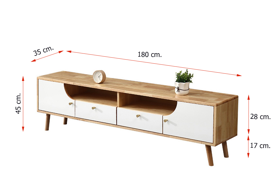 ตู้วางทีวีไม้ยางพารา รุ่น Racha-CBW-B180 สีธรรมชาติ /หน้าบานขาว 180x35x45 cm.