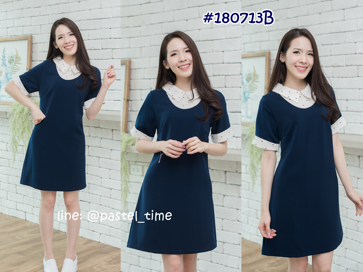 Marcy Polka Dot Collar Dress – สีกรม [Made by Pastel Time]
