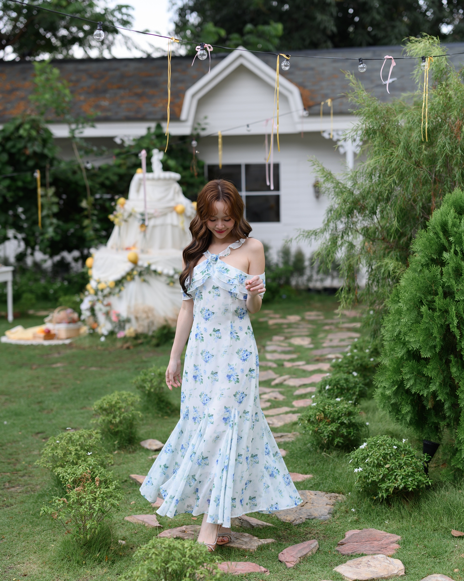 Hydrangea Off-Shoulder Maxi Dress
