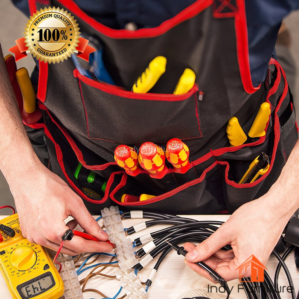 เอี๊ยมกันเปื้อนช่าง กระเป๋าเครื่องมือช่าง ผ้ากันเปื้อน เสื้อช่างใส่เครื่องมือ สีดำ/แดง