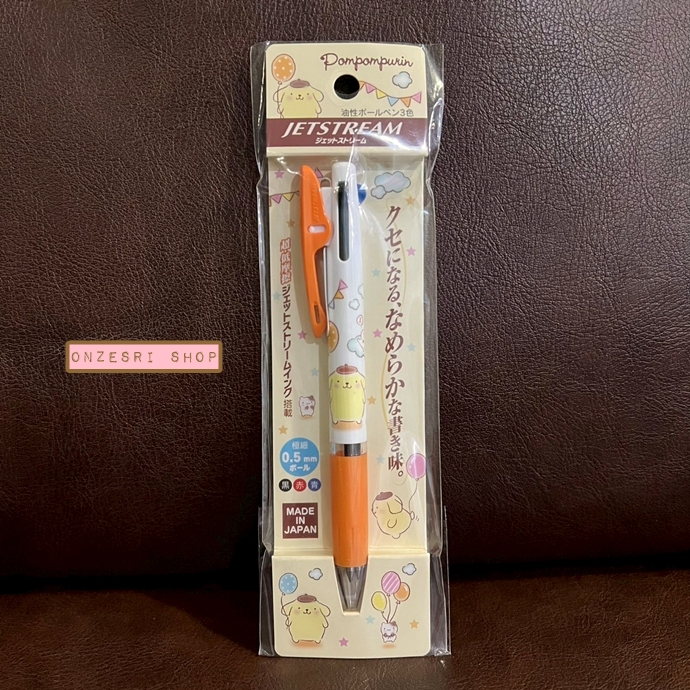 ปากกา Sanrio Jetstream 0.5 ลาย Pompompurin Balloon สีขาวส้ม หมึกมี 3 สี แดง ดำ น้ำเงิน ตรงที่เสียบเป็นแบบคลิป ติดแน่น