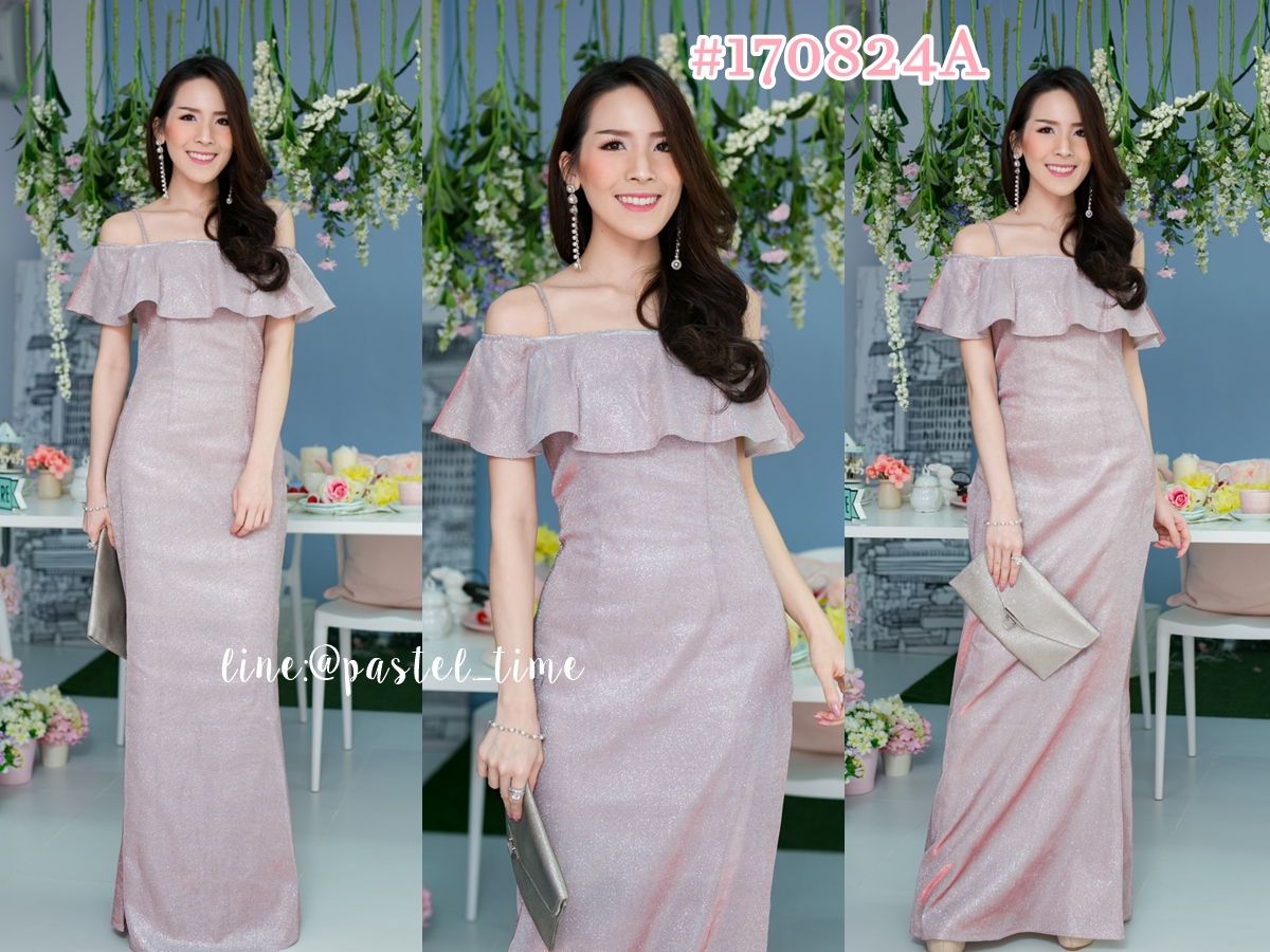 Glitter Open Shoulder Maxi Dress – สีชมพูประกายเงิน
