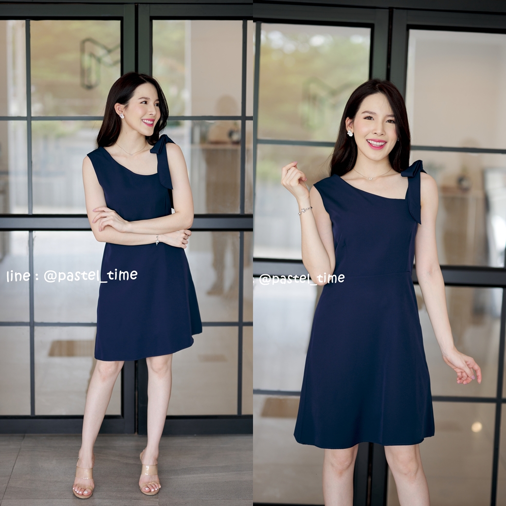 Piper Bow Dress - สีกรม [Made by Pastel Time]