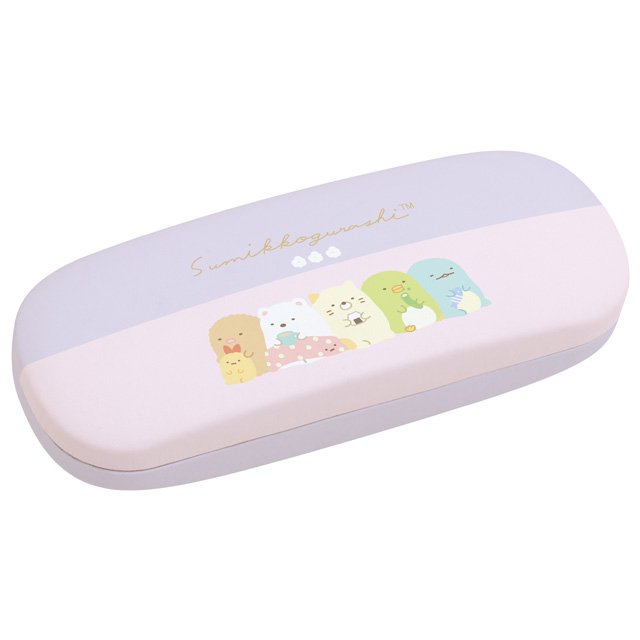 กล่องใส่แว่นตาลาย Sumikko Gurashi สีชมพู-ม่วง ด้านในที่ใส่แว่นได้ขนาด 4 x 14 x 3 ซม. มาพร้อมผ้าเช็ดแว่น ขนาด 19.5 x 19.5 ซม.