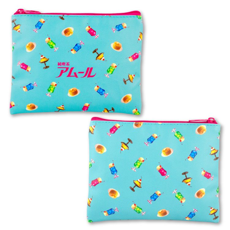 กระเป๋า Cafe Amour - Retro Cafe Flat Pouch สีฟ้า จากญี่ปุ่น ขนาด 17.5 x 15 ซม.