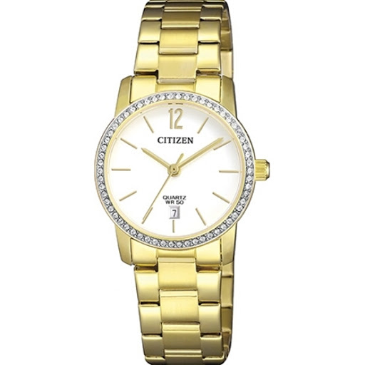 CITIZEN Quartz ผู้หญิง รุ่น EU6032-85A (หน้าขาว เรือนทอง ขอบคริสตัล) เครื่องศูนย์ไทย