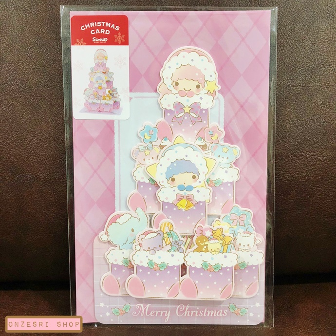 Sanrio Christmas Pop Up Card From Japan การ์ดอวยพรลาย Little Twin Stars กางออกมาเป็นต้นคริสต์มาสได้น่ารัก ขนาด 18.8 x 13 x 7.2 ซม.