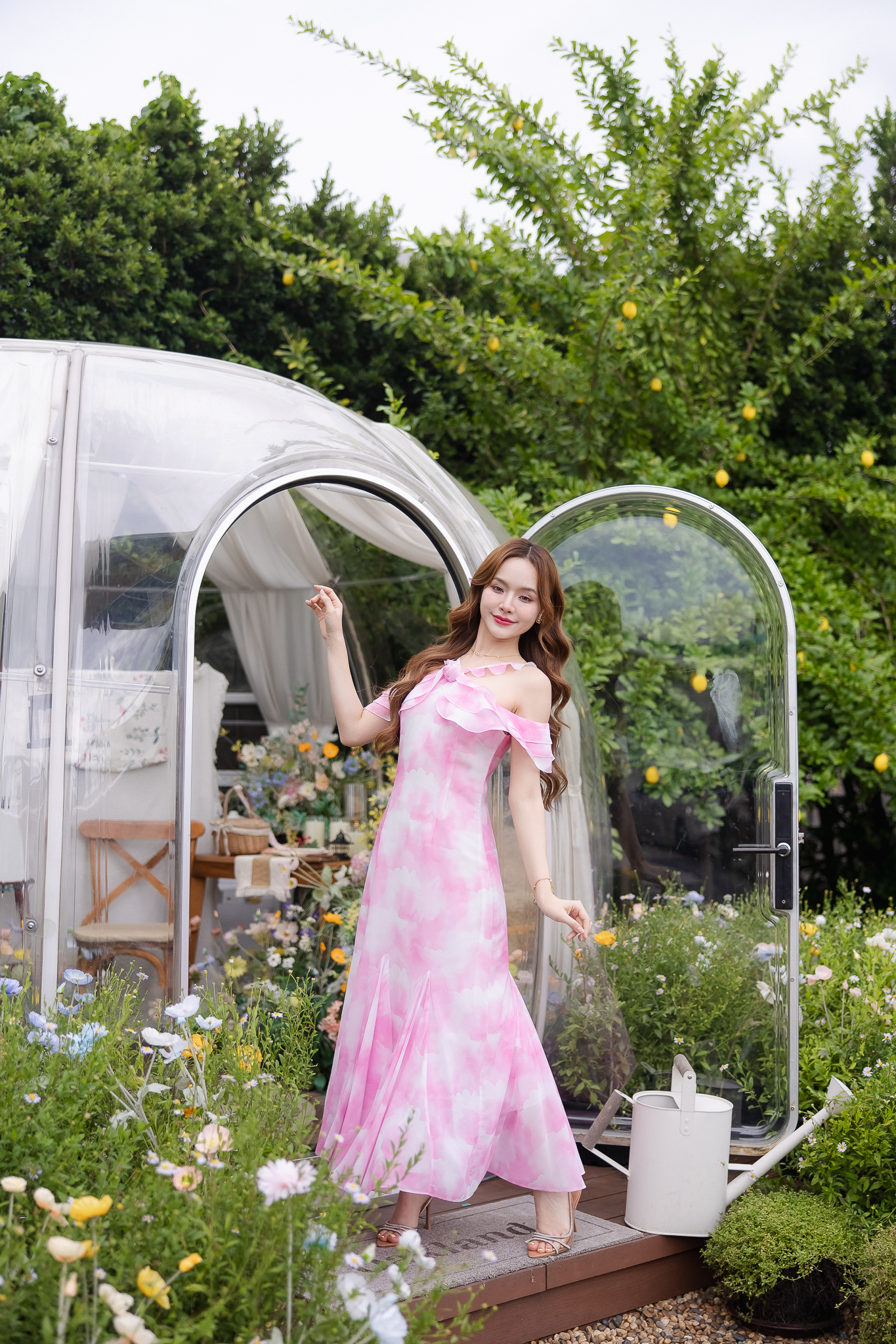 Pink Cloudy Off-Shoulder Maxi Dress ลายเมฆชมพู
