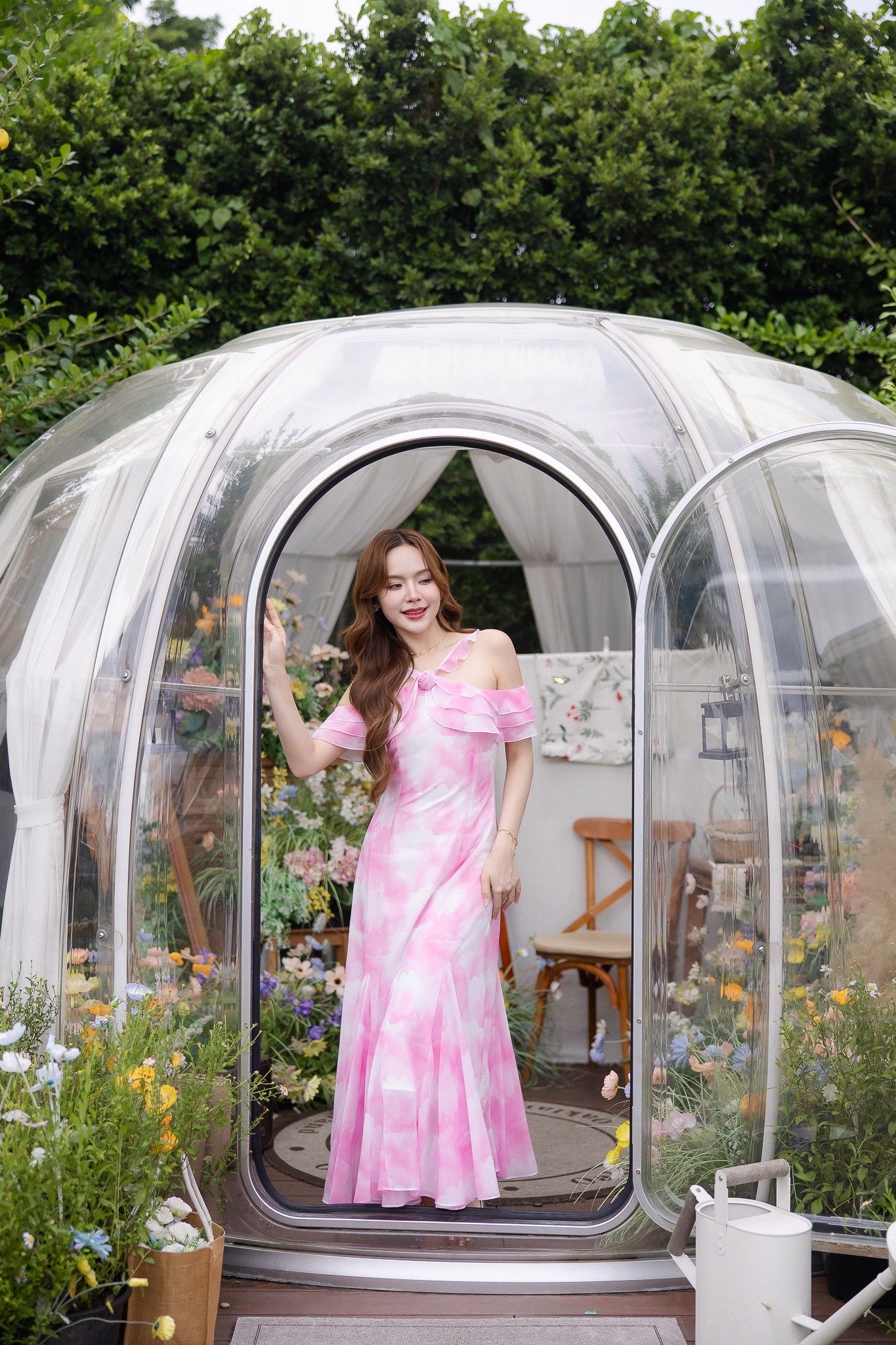 Pink Cloudy Off-Shoulder Maxi Dress ลายเมฆชมพู