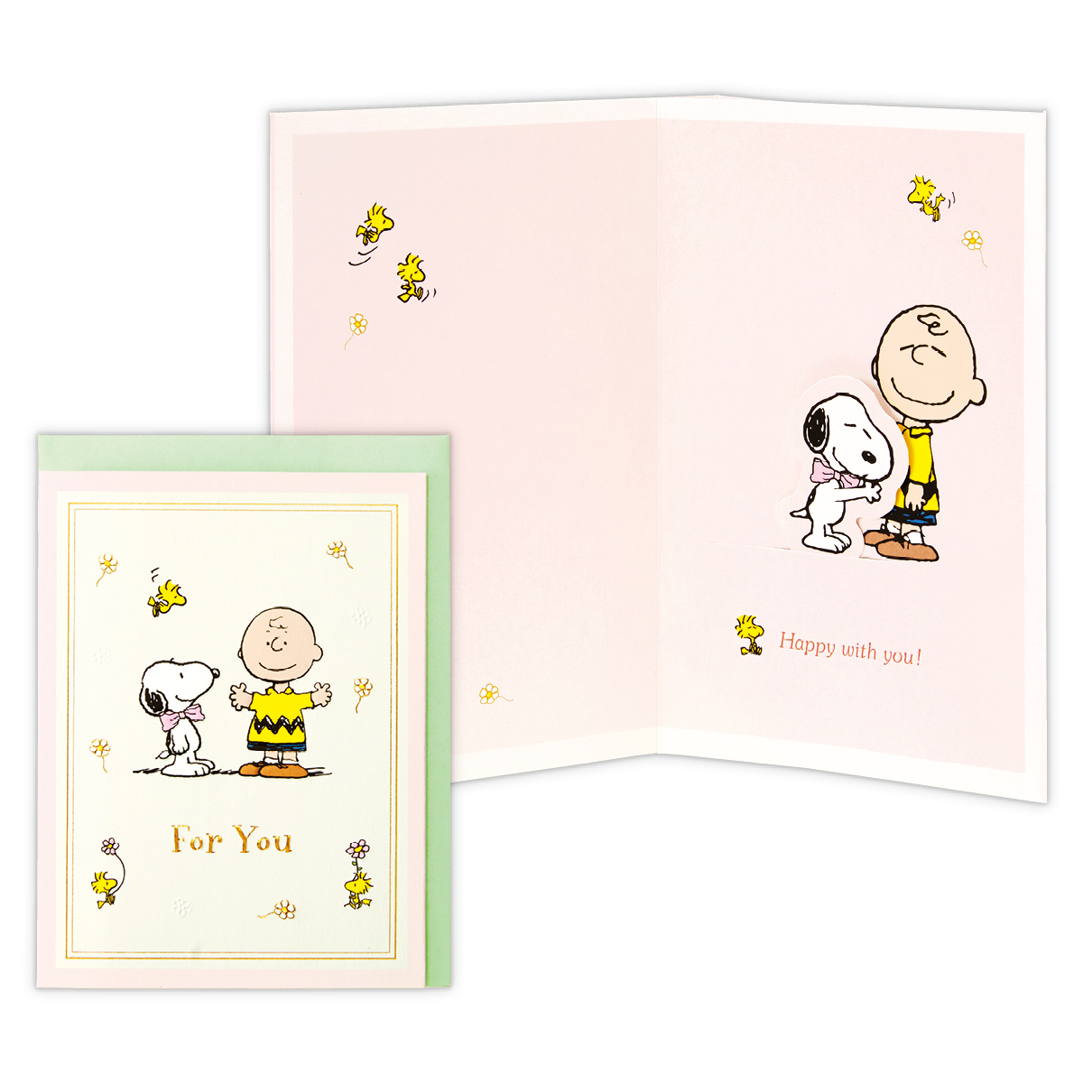 Snoopy Pop Up Card From Japan การ์ดอวยพรลาย Snoopy & Charlie Brown (Happy with You) เลื่อนตัว Snoopy มากอดกับ Charlie Brown ได้ ขนาดการ์ด 10 x 13.2 ซม.