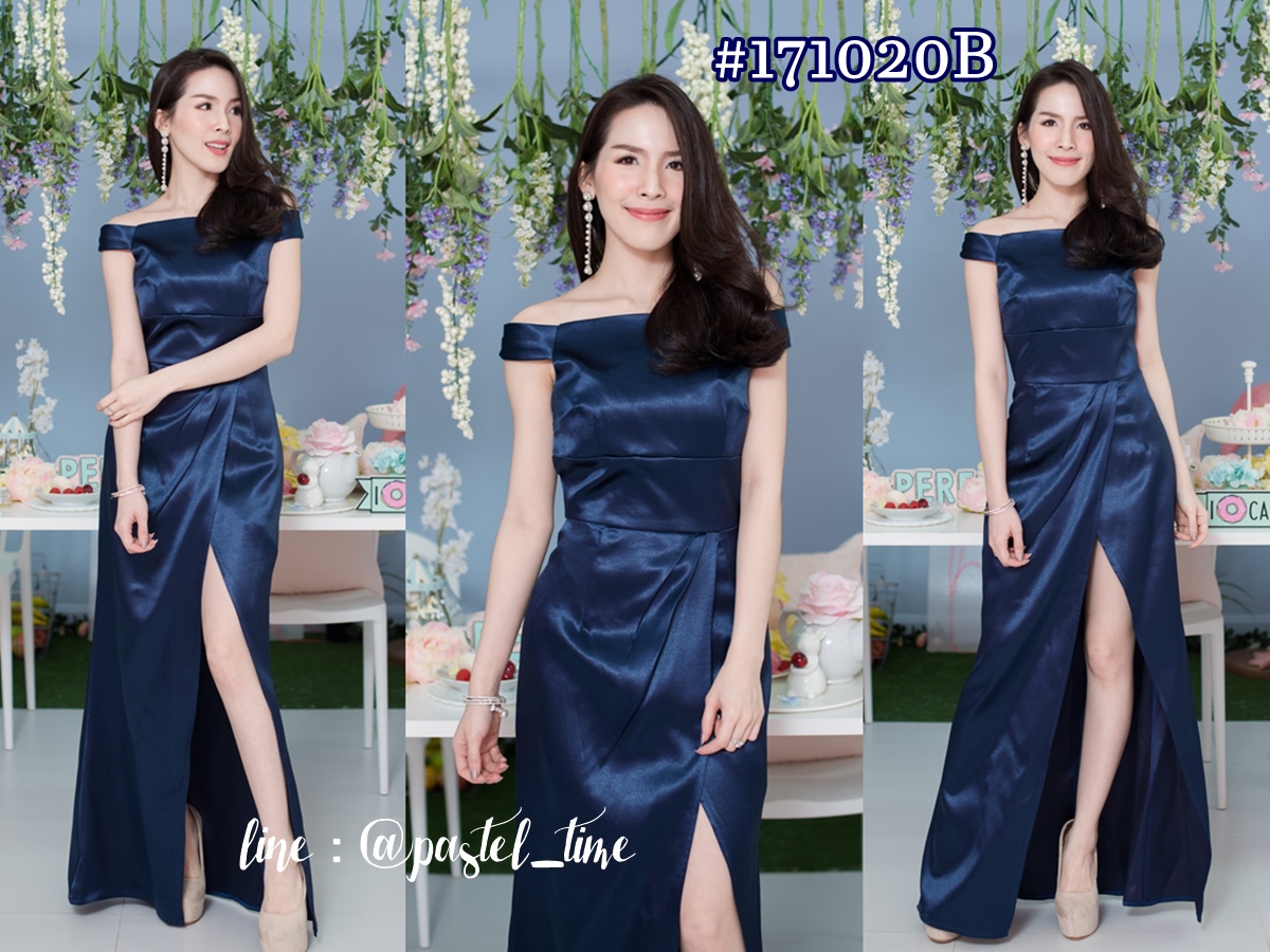 Thea Silk Satin Maxi Dress – Midnight Blue : สีกรม