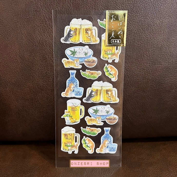 สติกเกอร์ Shiba Inu & Oishii Japan Summer Sticker แบบน้องหมาชิบะกับแก้วเบียร์และกับแกล้ม ขนาด 16.5 x 7.5 ซม. เนื้อกระดาษสาญี่ปุ่น