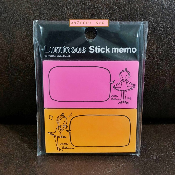 Luminous Stick Memo จากญี่ปุ่น กระดาษโน้ตมีกาวแบบสีสะท้อนแสง ลายนักบัลเล่ต์ Little Ballerina สีชมพู-ส้ม มี 2 สี ขนาดแผ่นละ 3.75 x 7.5 ซม. รวม 100 แผ่น