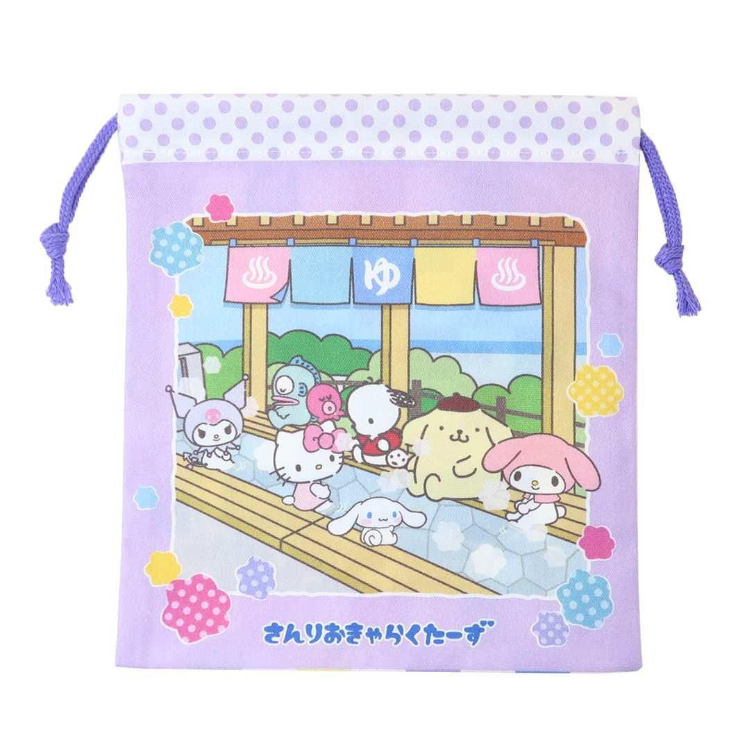 กระเป๋ารูดเชือก Sanrio no Yu ลายโรงอาบน้ำ Sanrio สีม่วง (Limited) ขนาด 18 x 20 ซม.