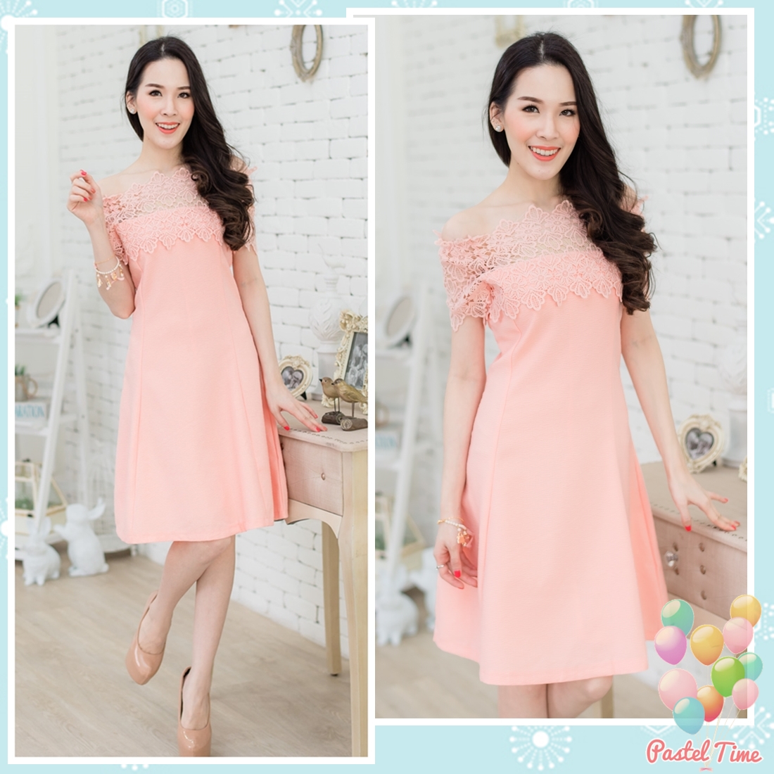 Miss Lacy Open Shoulder Dress – Oldrose สีโอรส