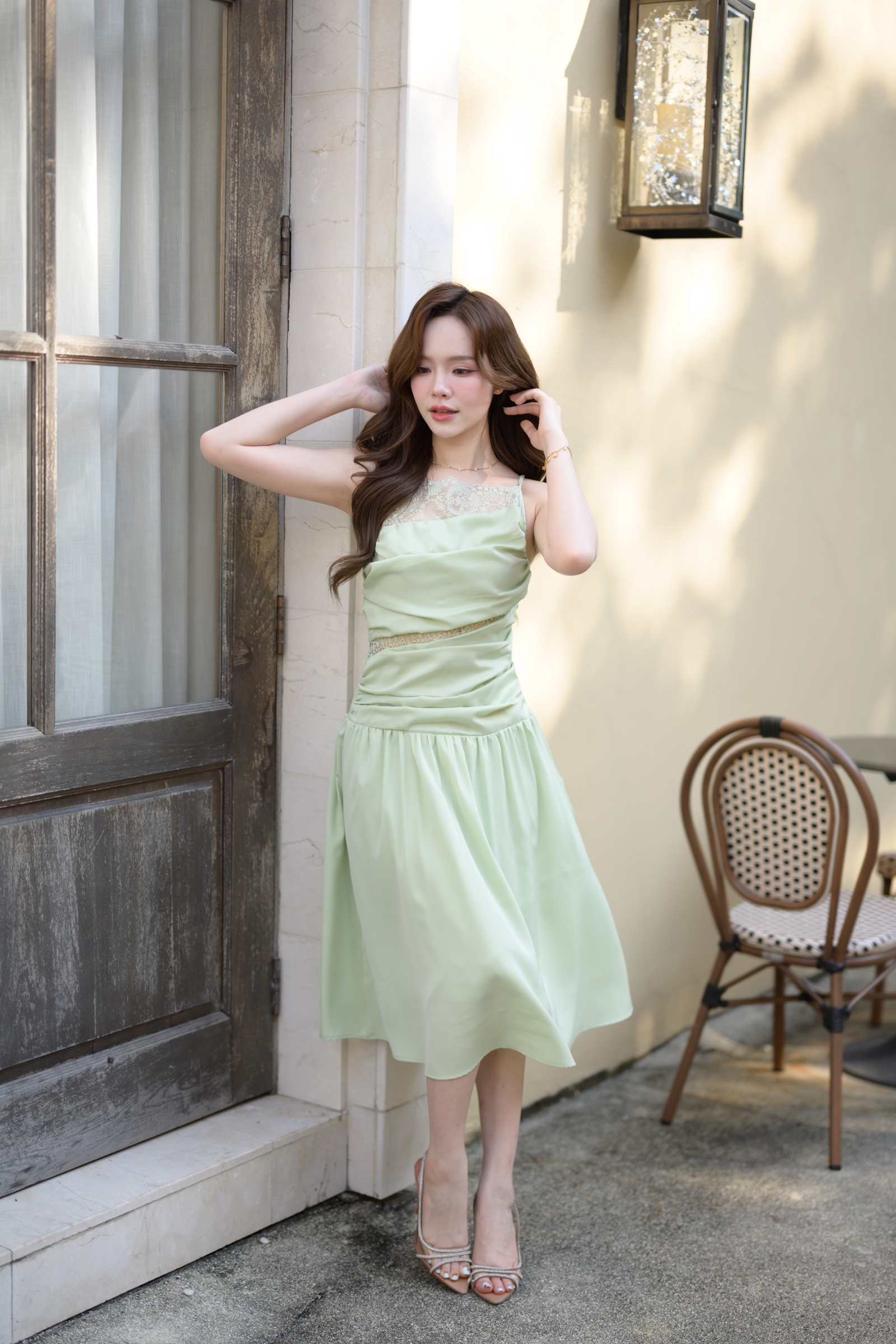 Elise Draped Lace Midi Dress : สีเขียว [Made by Pastel Time]