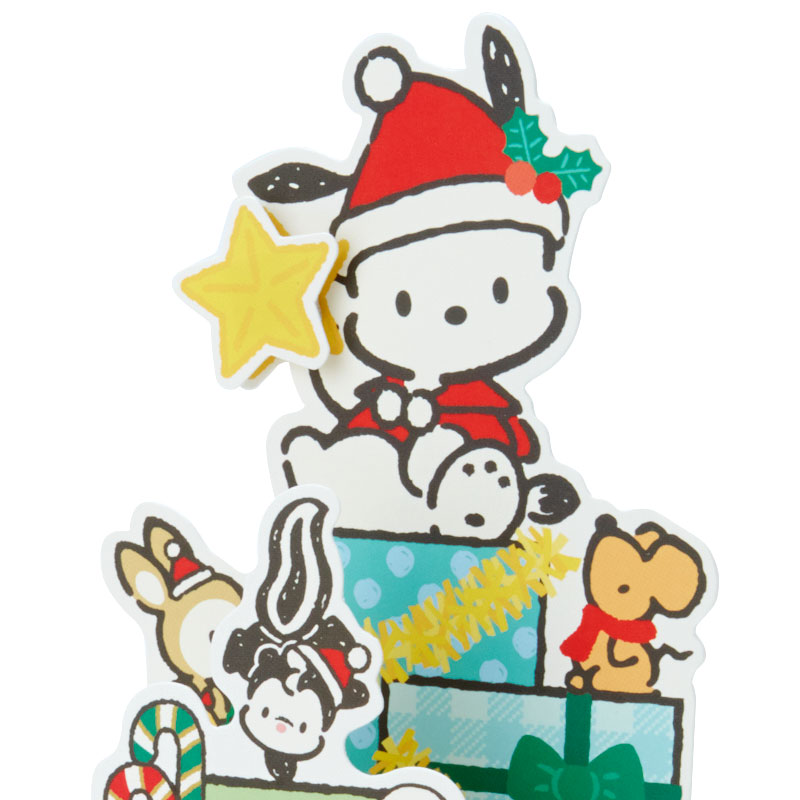 Sanrio Christmas Pop Up Card From Japan การ์ดอวยพรลาย Pochacco กางออกมาเป็นต้นคริสต์มาสได้น่ารัก ขนาด 18.8 x 13 x 7.2 ซม.
