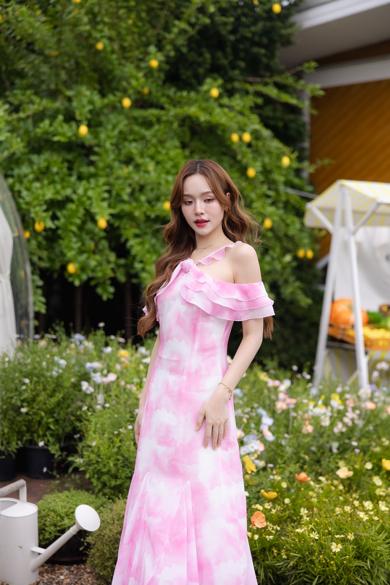 Pink Cloudy Off-Shoulder Maxi Dress ลายเมฆชมพู