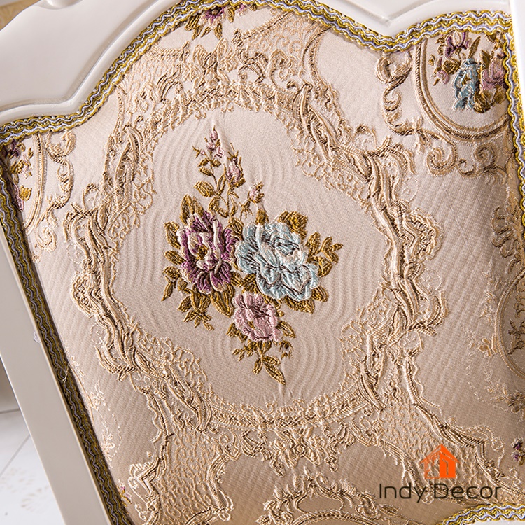 ชุดโต๊ะรับประทานอาหารหินอ่อน +เก้าอี้หลุยส์ไม้แกะลาย 6 ตัว หุ้มผ้าลายดอก สีขาว