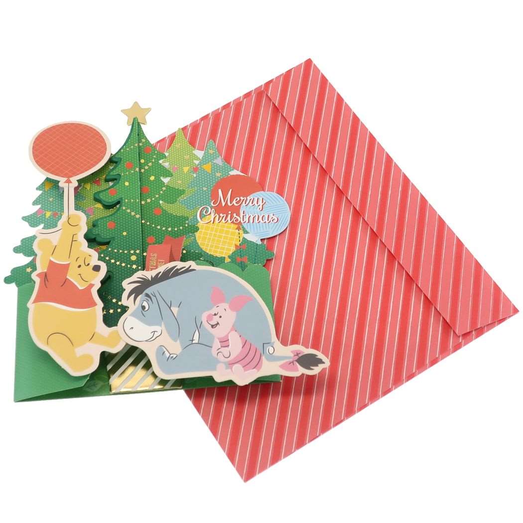 Disney Christmas Pop Up Card From Japan การ์ดอวยพรลาย Winnie the Pooh & Friends ตรงต้นคริสต์มาสกางออกได้น่ารัก ขนาด 14 x 16 ซม.