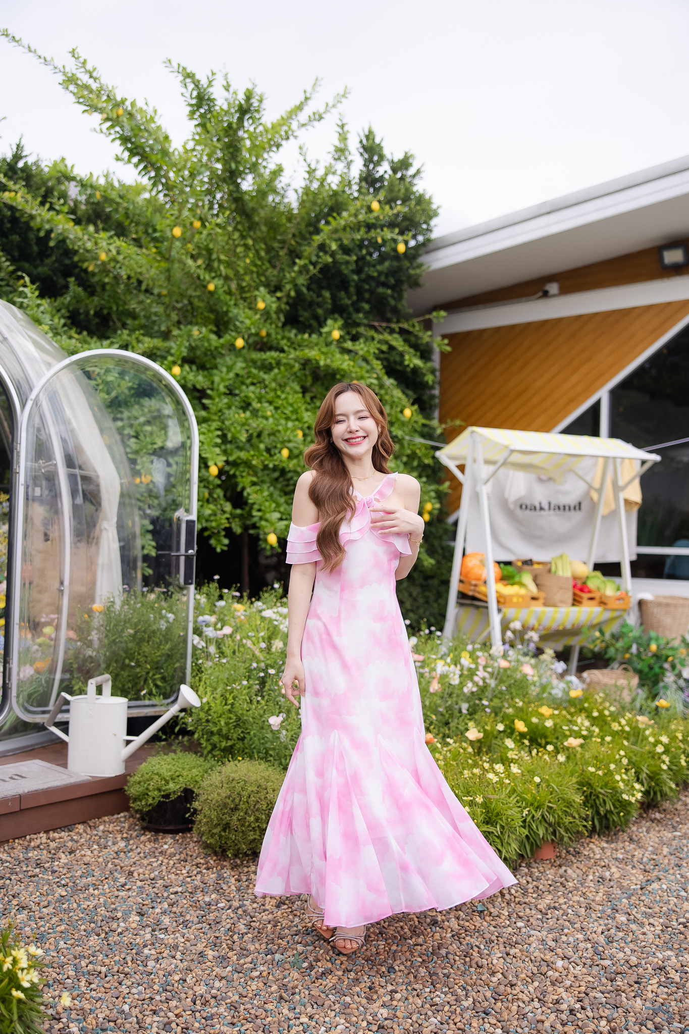 Pink Cloudy Off-Shoulder Maxi Dress ลายเมฆชมพู