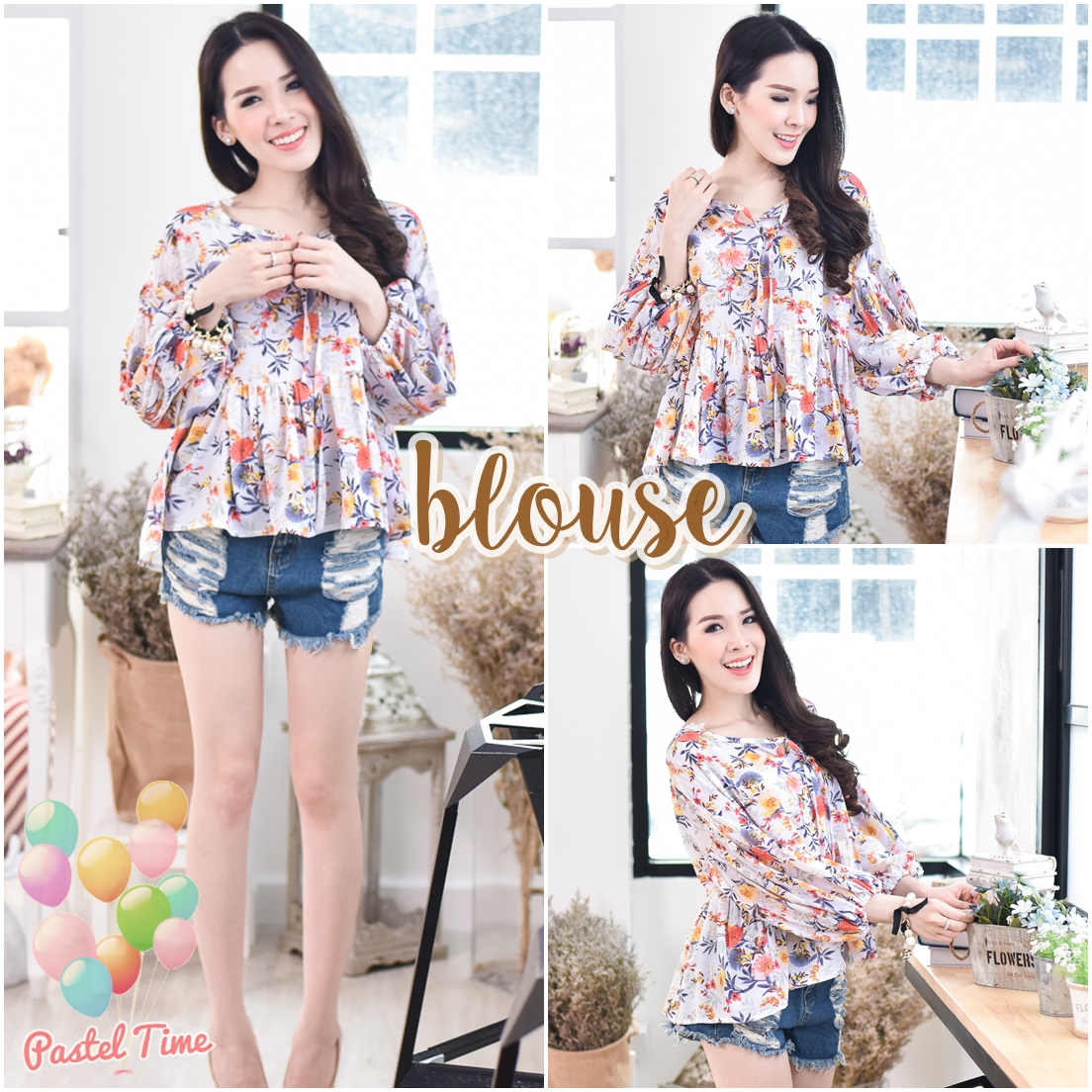 Blossom Tunic Blouse – White สีขาว