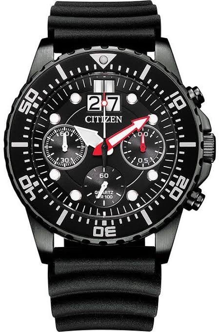 CITIZEN Chronograph Quartz รุ่น AI7005-12E (ตัวเรือนรมดำ หน้าดำ สายยาง)