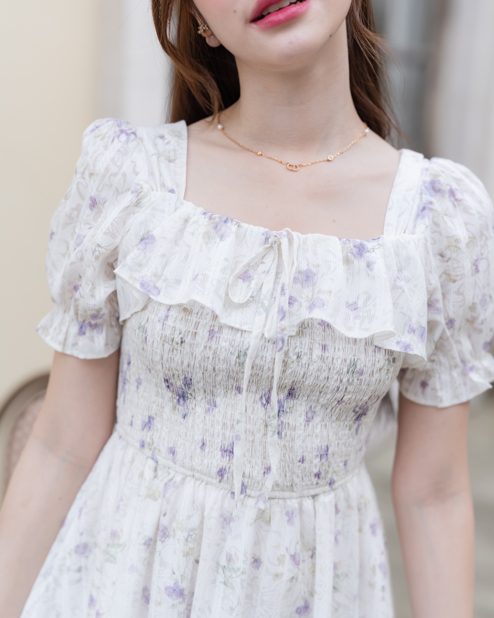 Florence Vintage Dress : ลายดอกไม้สีม่วง