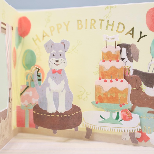Greeting Life Birthday Window Pop Up Card จากญี่ปุ่น การ์ดอวยพรวันเกิด แบบเปิดหน้าต่างออกมาเป็นปาร์ตี้แก๊งน้องหมา เขียนด้านหลังได้ มาพร้อมซอง ขนาด 14 x 11 ซม.
