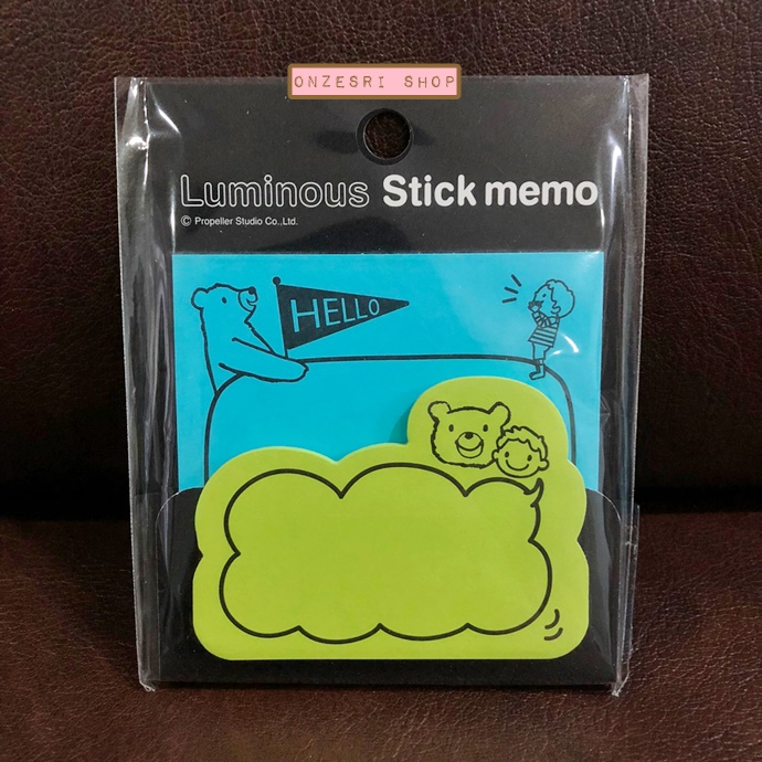 Luminous Stick Memo จากญี่ปุ่น กระดาษโน้ตมีกาวแบบสีสะท้อนแสง ลาย Hello Friends สีฟ้า-เขียว มี 2 ขนาด แผ่นใหญ่ 7.5 x 7.5 ซม. / แผ่นเล็ก 7 x 5 ซม. รวม 50 แผ่น