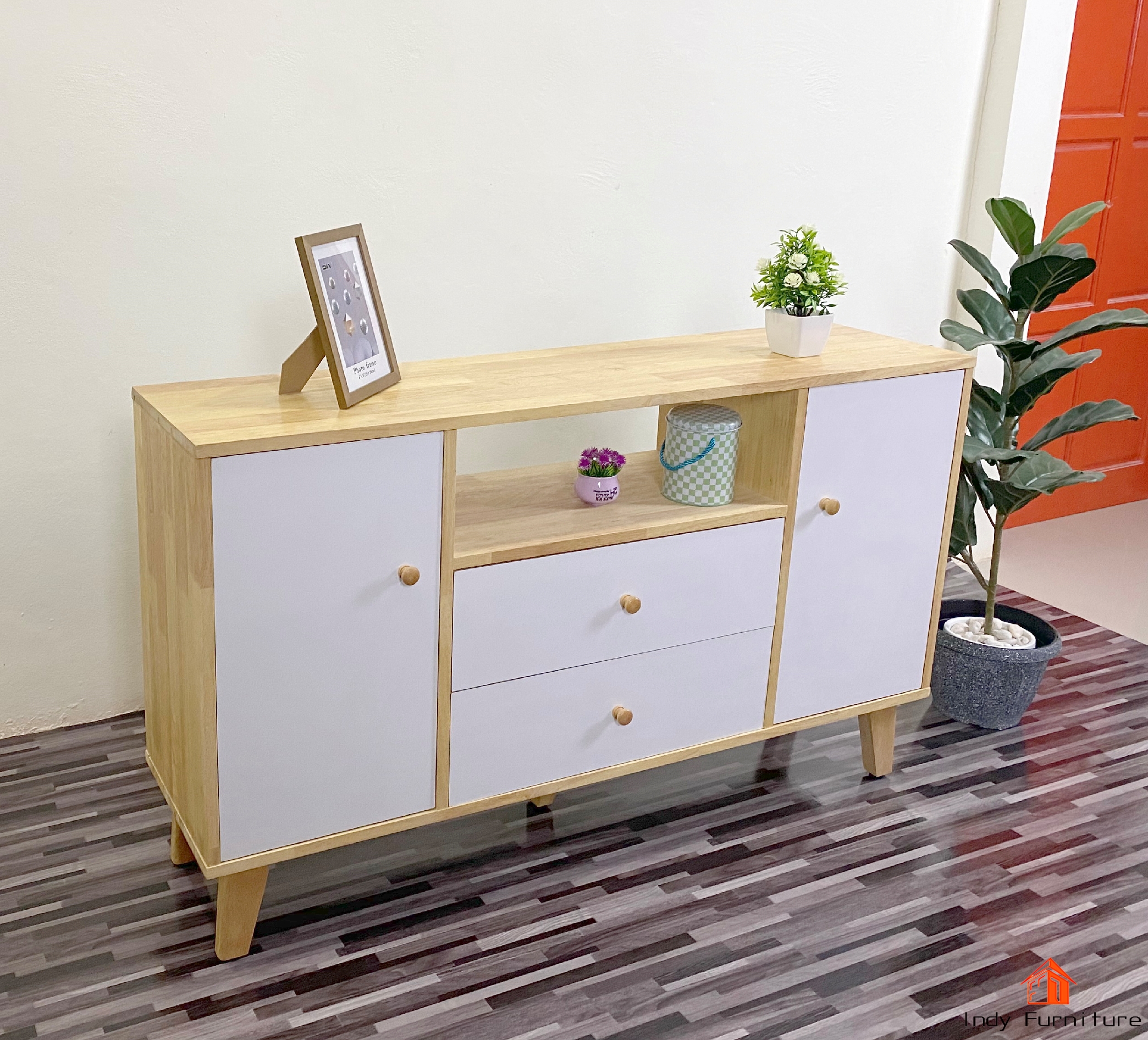 ตู้อเนกประสงค์ ไม้ยางพารา รุ่น CHACO-B120 สีธรรมชาติ/บานขาว 120x30x70cm.