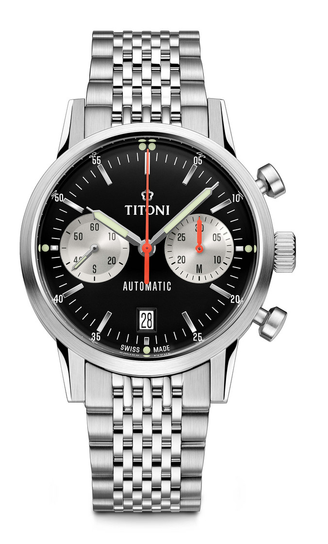 TITONI Heritage Bicompax Chronograph รุ่น 94020 S-681 หน้าปัดดำ สายสแตนเลส (ประกันศูนย์ไทย)