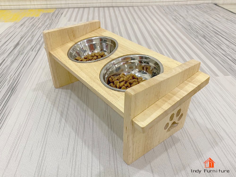 ชุดถ้วยอาหารแมว ไม้ยางพารา รุ่น Cat-01 สีธรรมชาติ