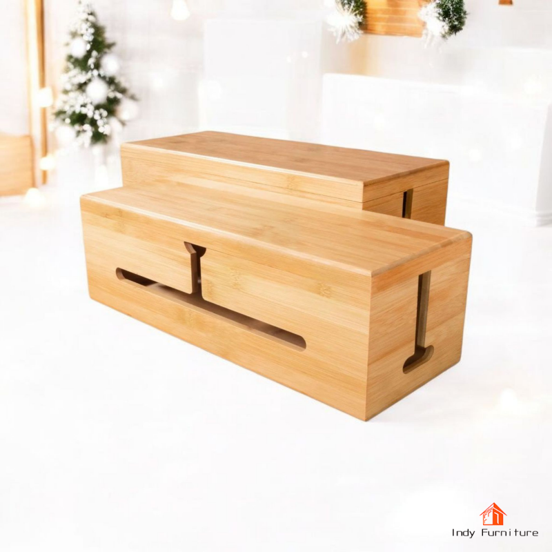 Indy Furniture BG-02 กล่องเก็บสายไฟ กล่องเก็บปลั๊กไฟ แท่นวางชาร์จมือถือ ไม้ยางพารา