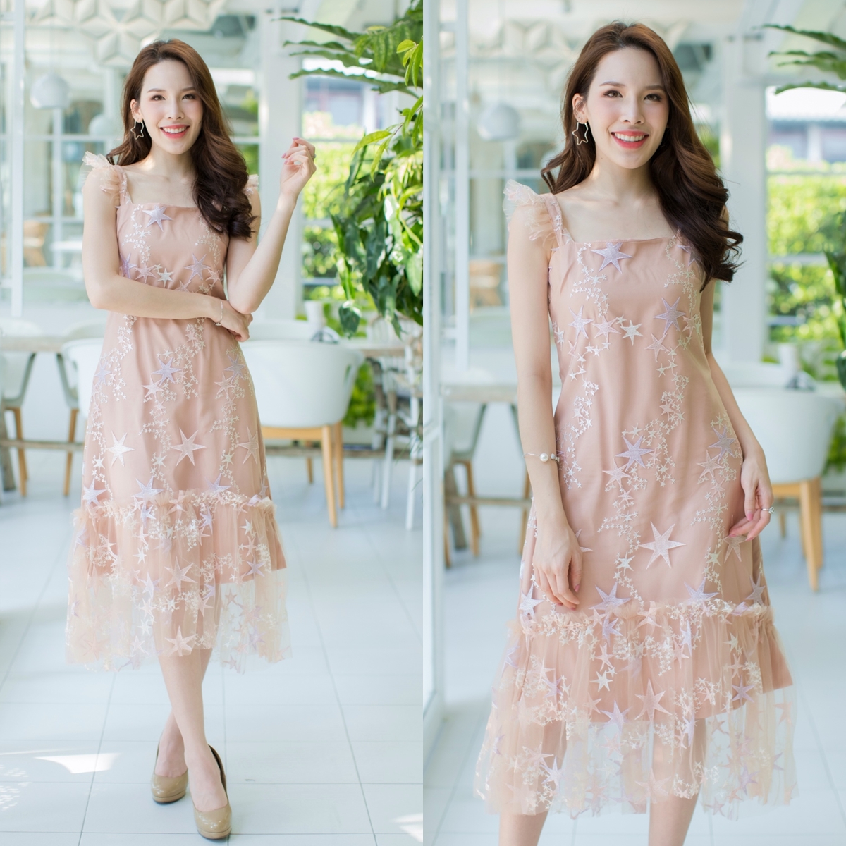 Scalet Midi Dress – สีเบจ