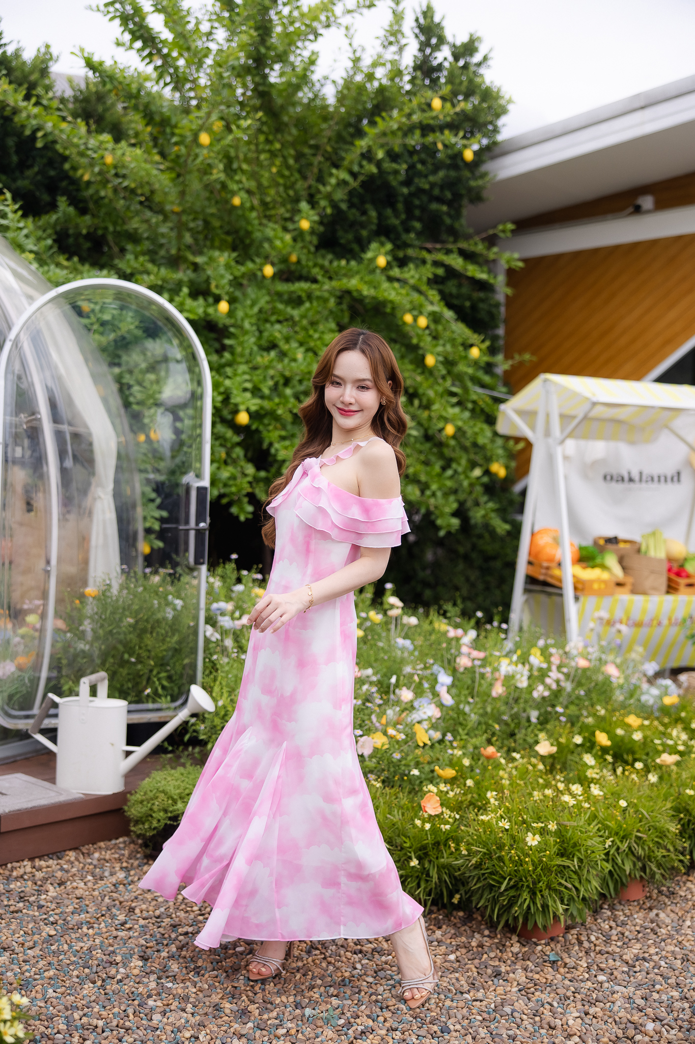 Pink Cloudy Off-Shoulder Maxi Dress ลายเมฆชมพู