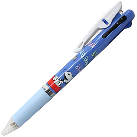 ปากกา Jetstream 0.5 ลาย Snoopy Haha สีน้ำเงินฟ้า หมึกมี 3 สี แดง ดำ น้ำเงิน ตรงที่เสียบเป็นแบบคลิป ติดแน่น