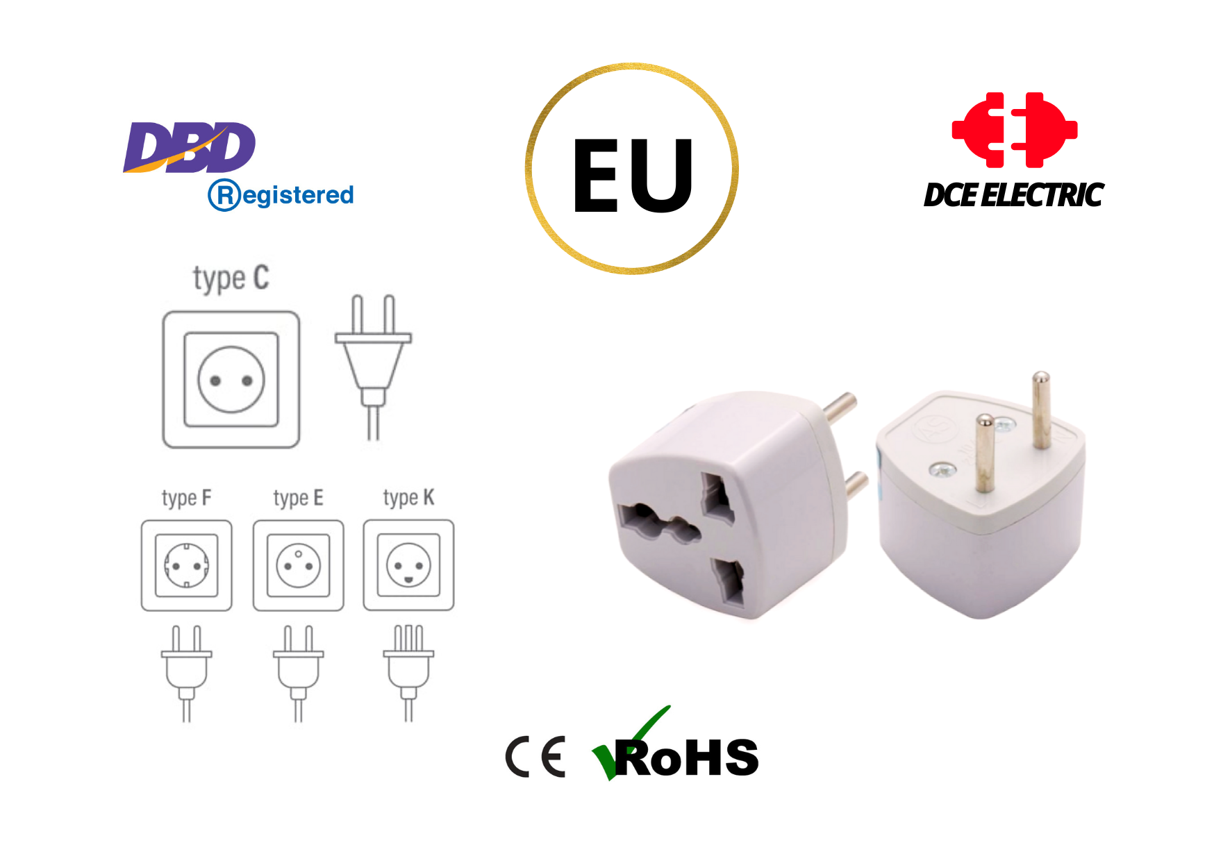 DCE ปลั๊กแปลงยุโรป EU ปลั๊กยุโรป หัวแปลงปลั๊กไฟมาตรฐาน CE/RoHS เป็น 2 หัวกลม แบบยุโรป (Type C, 4.0 mm.)