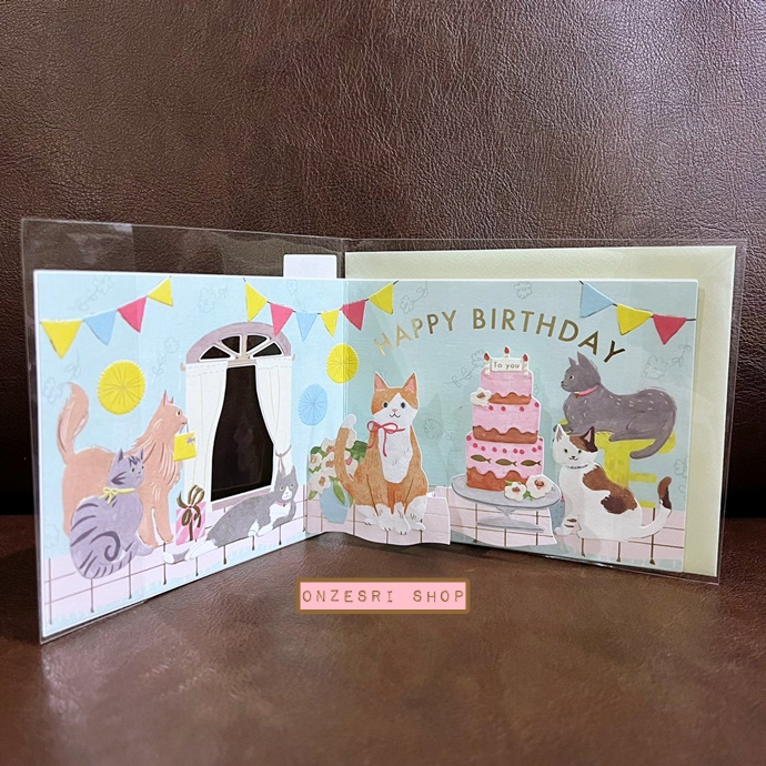 Greeting Life Birthday Window Pop Up Card จากญี่ปุ่น การ์ดอวยพรวันเกิด แบบเปิดหน้าต่างออกมาเป็นปาร์ตี้แก๊งน้องแมว เขียนด้านหลังได้ มาพร้อมซอง ขนาด 14 x 11 ซม.
