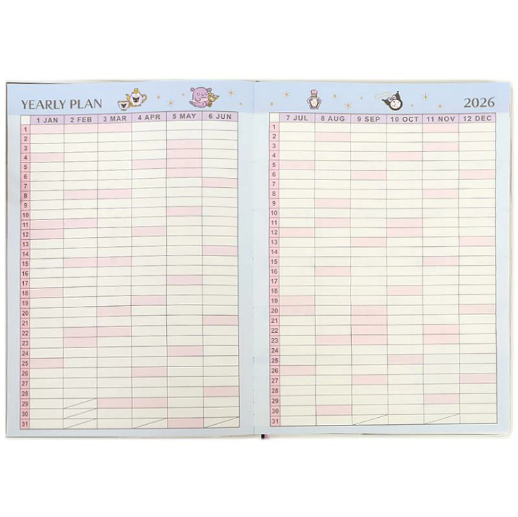 สมุด 2026 Schedule Book เล่มหนา B6 ลาย Kuromi สีดำ ขนาด 13.5 x 18.7 x 1.3 ซม. (192 หน้า) มีให้จดตั้งแต่เดือน 10/2025 - 3/2027 เป็นปฎิทินแบบ monthly & weekly แบบช่อง มี sticker