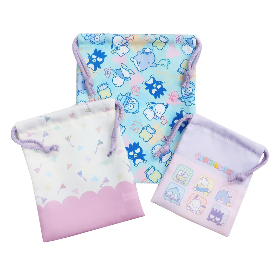 เซ็ตกระเป๋ารูดเชือก Sanrio Hapidanbui สีพาสเทล มี 3 ใบในเซ็ต ขนาด 21 x 17 / 15 x 17 / 12 x 14 ซม.