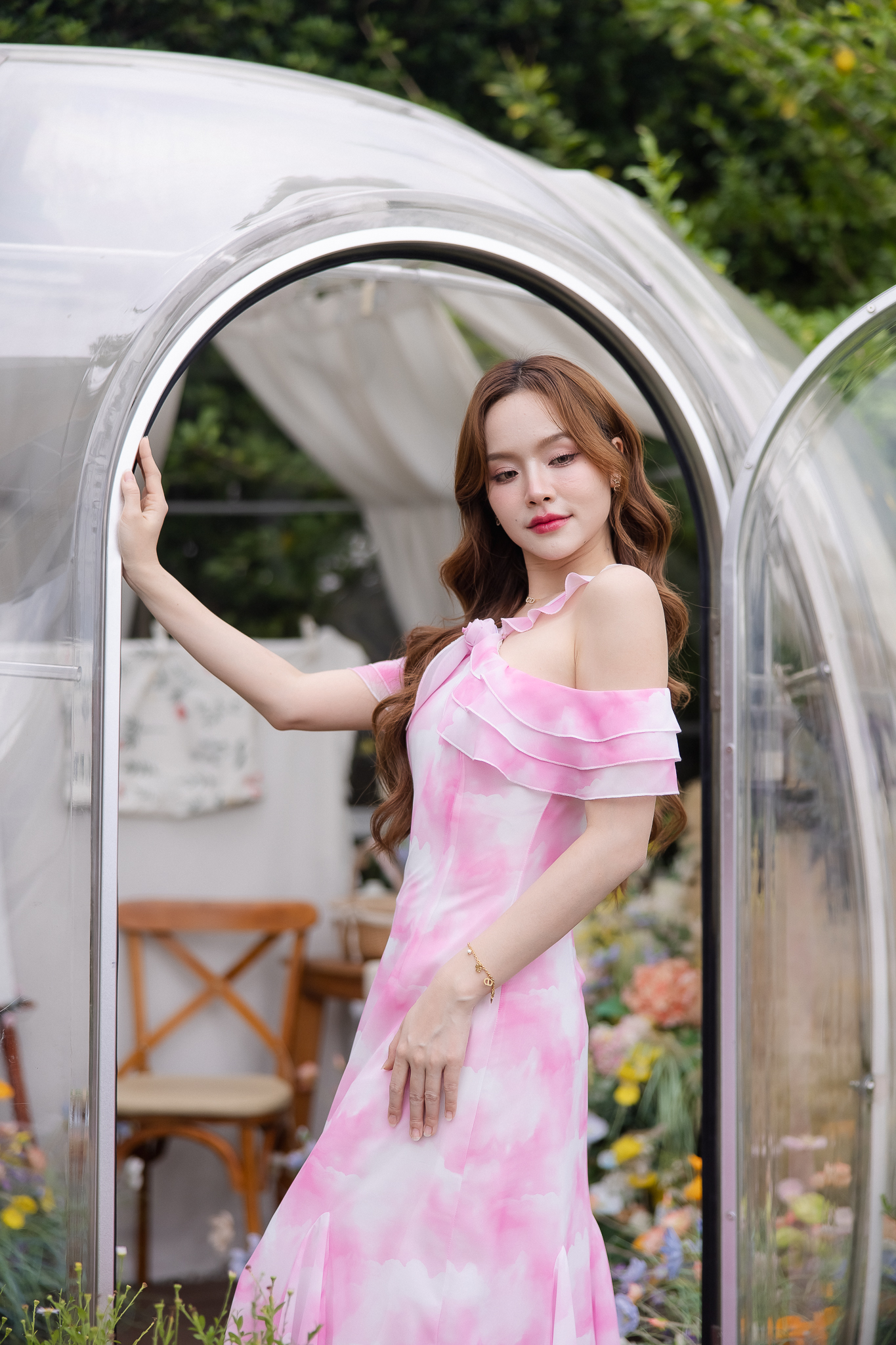 Pink Cloudy Off-Shoulder Maxi Dress ลายเมฆชมพู